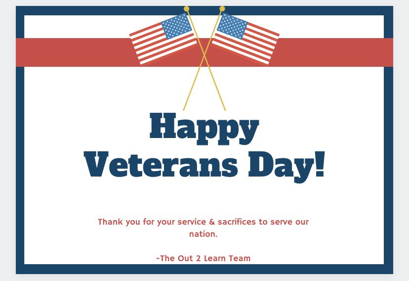Out2Learn's tweet image. Happy Veterans Day!
#Veterans #Out2Learn #Education #Military #O2L