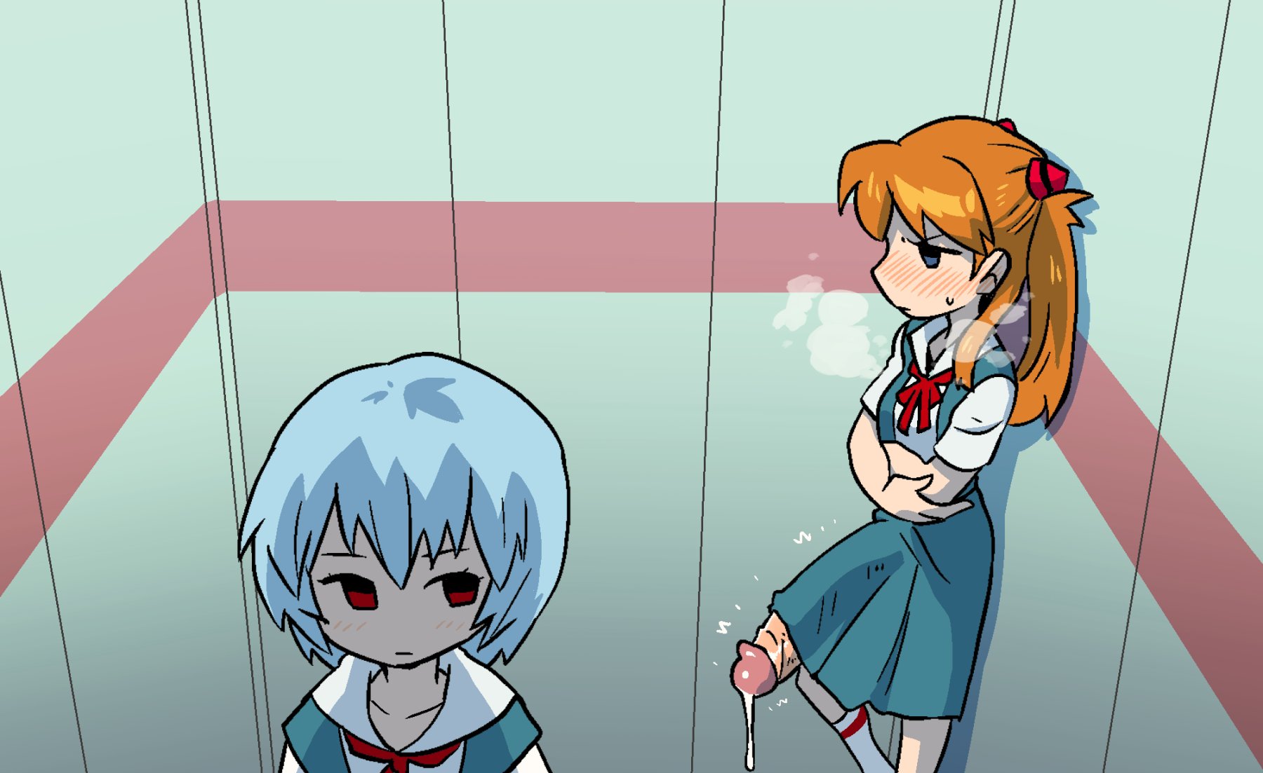 “エレベーター内にて Rei and Asuka, in the elevator.” 