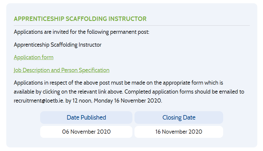 📌 Applications are now open for an Apprenticeship Scaffolding Instructor - Laois and Offaly ETB

For more information go to 👉loetb.ie/currentvacanci…
