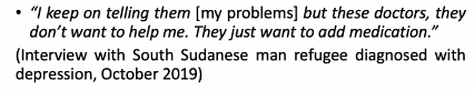 Analysis of Electronic Health Records found increasing CMD diagnosis between Dec & March - where food is less accessible. Distress, or psychiatric illness, is understood as the lack of basic necessities by local staff. Refugee do not feel listened, not in Mental Health Services..