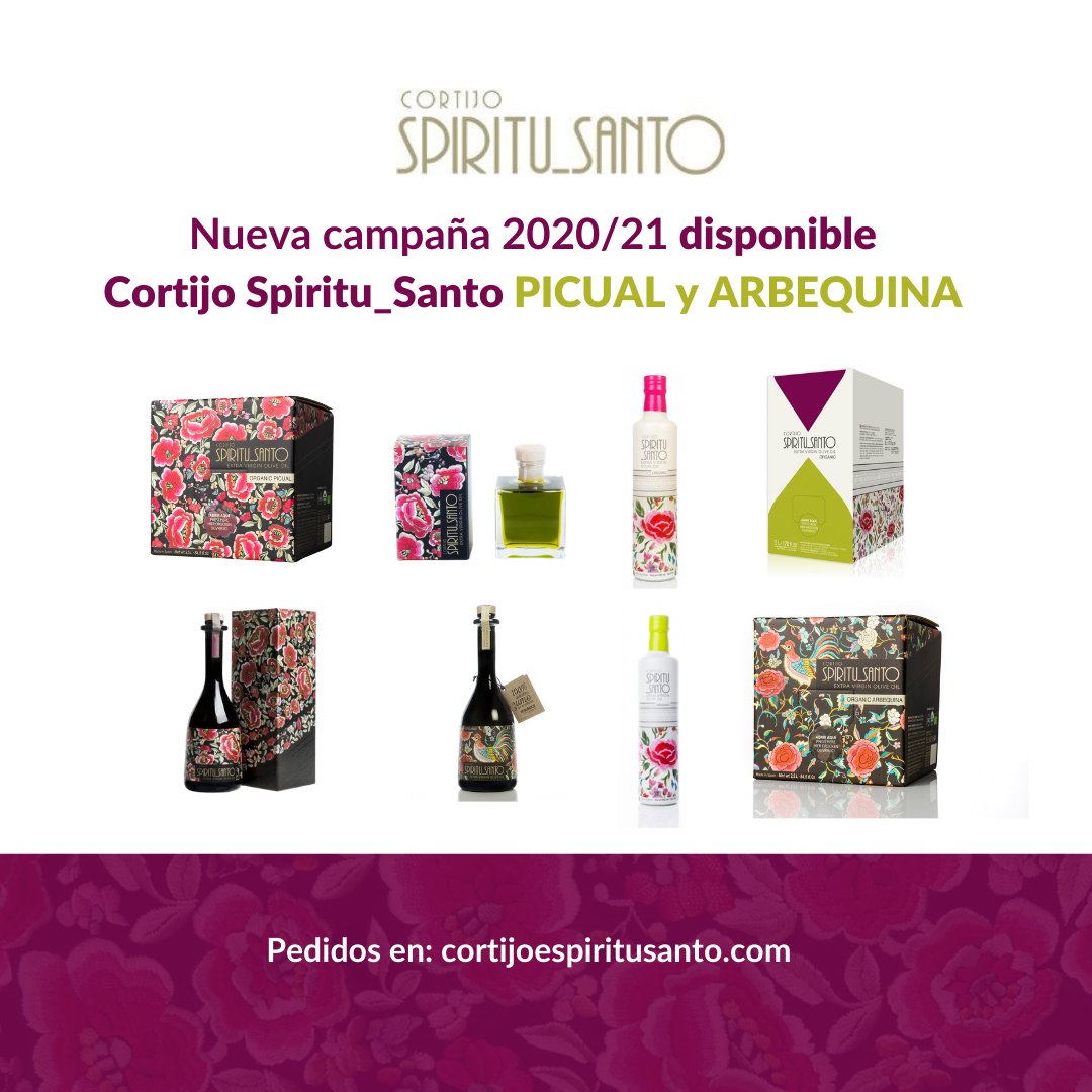 [Aceite nueva campaña] Disponible Cortijo Spiritu_Santo Picual y Arbequina.
Ya está disponible la nueva campaña 2020/2021 en nuestra gama Cortijo Spiritu_Santo Picual y Arbequina

Haz tu pedido y disfruta de nuestro excelente #AOVE ecológico.
🛒 cortijoespiritusanto.com/tiendaaceite/
‌