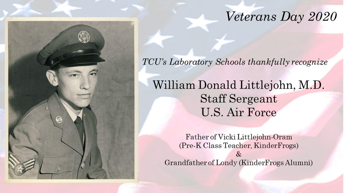 KinderfrogsTCU's tweet photo. Today we honor veterans, as families of our students and employees of TCU's Laboratory Schools say a special "thank you" to family members who have served or are serving in the U.S. armed forces. 

#TCU #VeteransDay2020 https://t.co/WCcN2MAuEV
