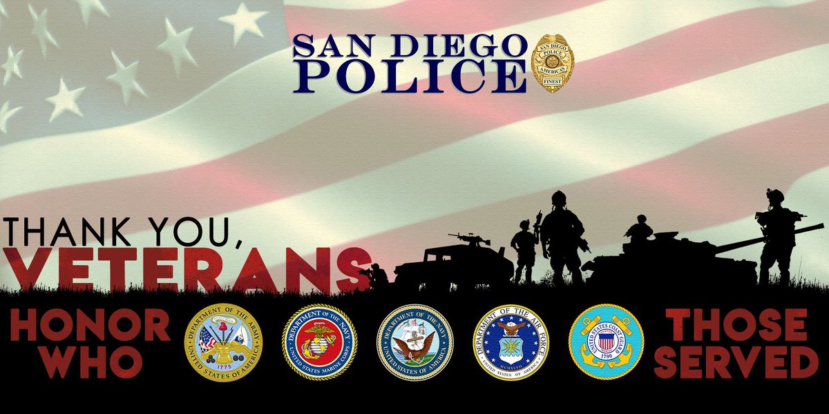 SanDiegoPD's tweet photo. Home of the free, because of the brave. Thank you to all the veterans who proudly served the United States of America. https://t.co/iNpPy1GrDU