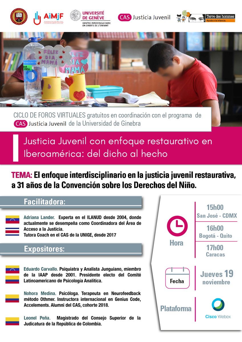 CASJJAmlat's tweet photo. ⚖️#ForosCASJJ | Este #19noviembre continuaremos con nuestro #QuintoForoVirtualGratuito : El #EnfoqueInterdisciplinario en la #JusticiaJuvenilRestaurativa, a 31 años de la Convención sobre los Derechos del Niño. ⚖️Regístrate en : https://t.co/VhBeNxsMES
Co-organizado con @LatamTdh https://t.co/Y3lVIMMd1A