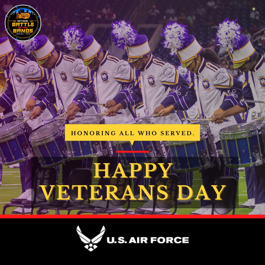 NationalBOTB's tweet photo. Happy Veterans Day from the National Battle of the Bands. We thank you all for your sacrifice, your service and your support. #VeteransDay￼ #AimHigh  #AFROTC #HBCUsBandTogether @USAFRecruiting https://t.co/XJFkbZ1uEP