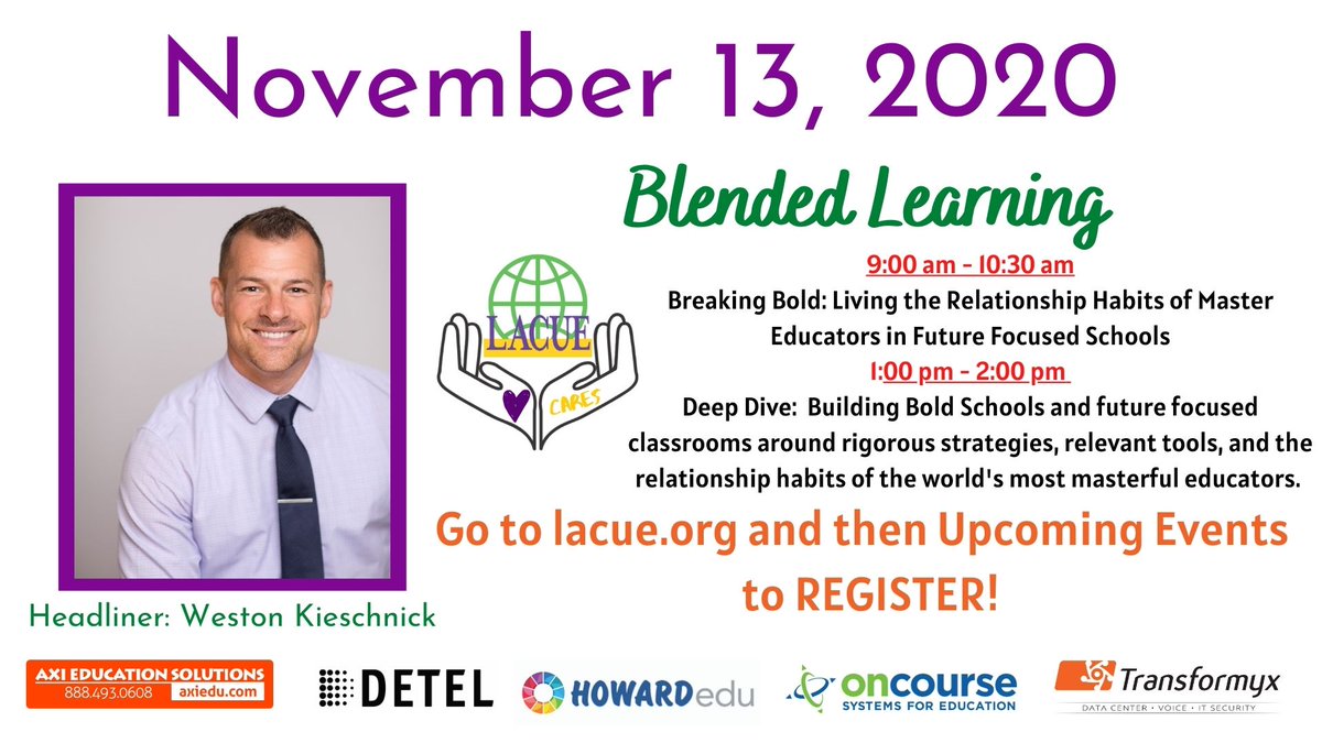 lacueorg's tweet photo. It is time to start registering for our November 13th #LACUECares event on Blended Learning with @@Wes_Kieschnick! Go to https://t.co/a4E3dnyGKM to register today! #LouisianaStrong #WeAreLACUE https://t.co/m9Z4OEz3jC
