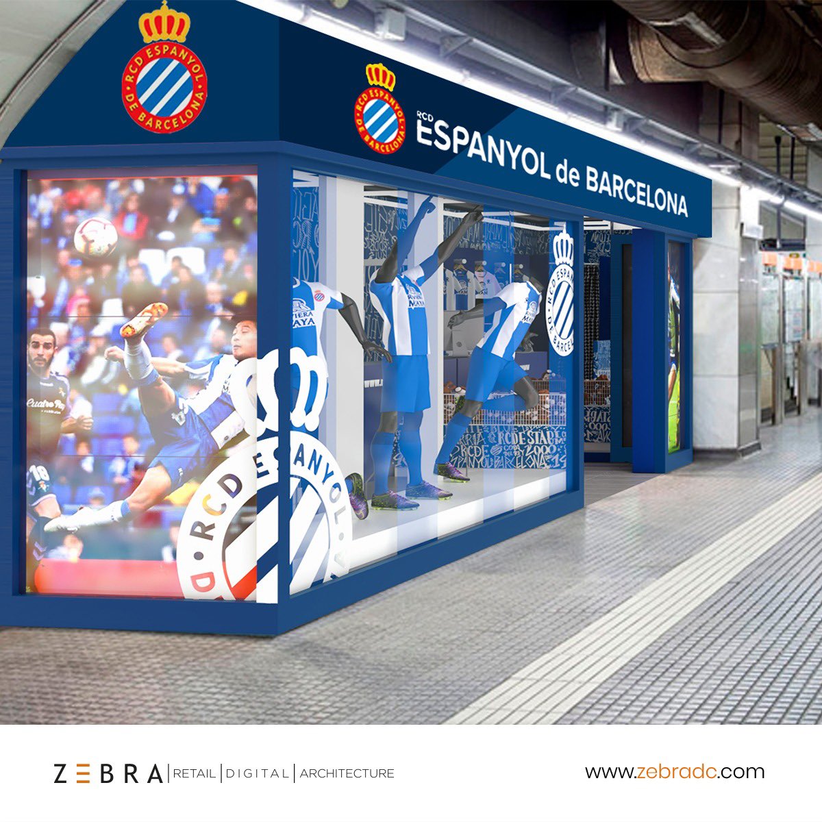 zebradc_es's tweet photo. Queremos compartir con tod@s vosotr@s el diseño conceptual realizado para la nueva tienda del @RCDEspanyol 

Un ejercicio en el que el principal objetivo era recoger toda la esencia del club periquito y aplicarlo en su retail.

#zebradc #Retail #showroom #Tienda #RCDEspanyol https://t.co/V7zf7seJXH