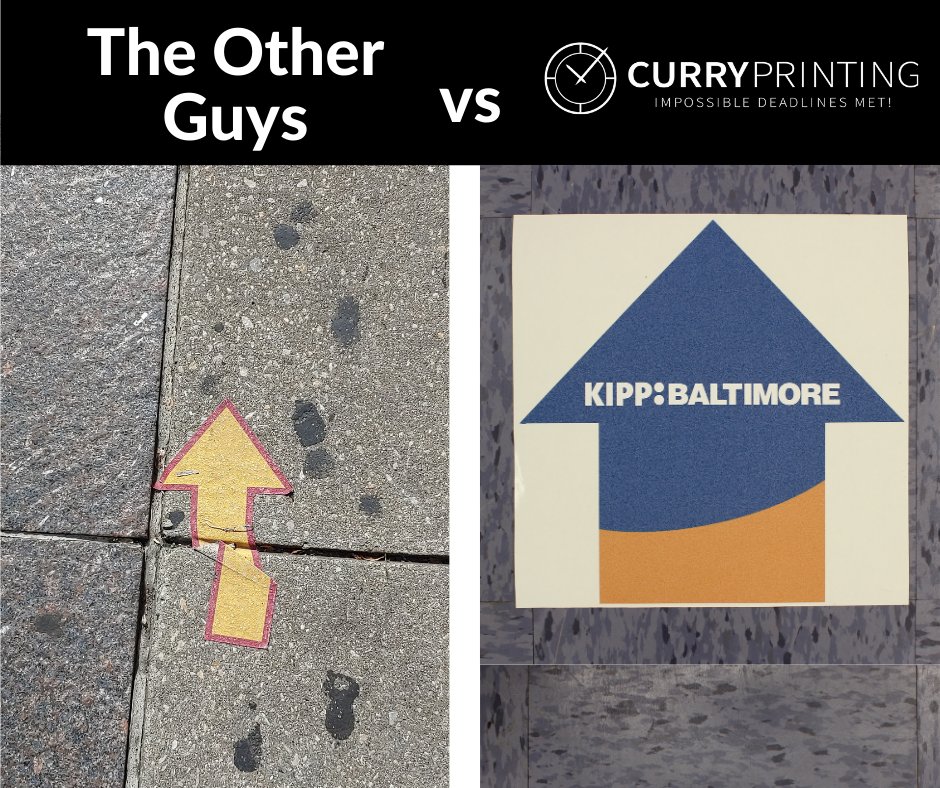Allegrabalt's tweet photo. In today's case of Curry Printing vs The Nameless Other Guys: which arrow is really pointing your clients the right way? 

On the right: custom distance stickers made for @KIPPBaltimore 

#socialdistance #reopen #ReopenMaryland https://t.co/ZsVqfDSZup