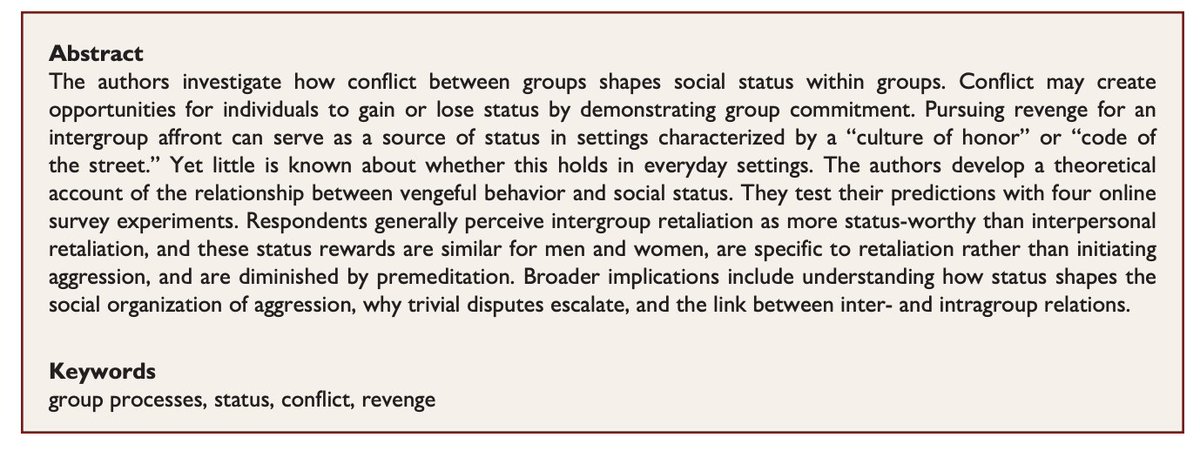 "When Is Retaliation Respected? Status and Vengefulness in Intergroup and Interpersonal Contexts" by  @longdoan and  @socsavvy in  @SociusJournal  https://journals.sagepub.com/doi/pdf/10.1177/2378023120967199