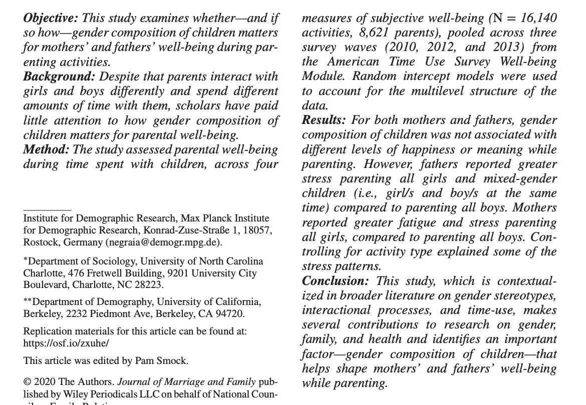 "Mothers’ and Fathers’ Well-Being: Does the GenderComposition of Children Matter?" by Daniela V. Negraia, Jill E. Yavorsky, and Denys Dukhovnov in  @JMF_NCFR  https://onlinelibrary.wiley.com/doi/pdf/10.1111/jomf.12739