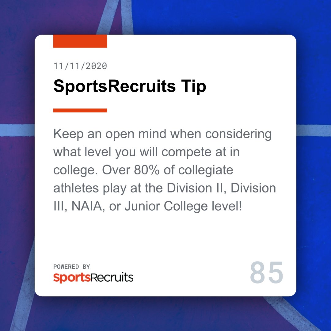 We understand that a majority of athletes has Division I aspirations, but the facts are the majority do not get the opportunity to do so. Be sure to be realistic in your recruiting process, and ask your advocates what the best fit for you is with your talent level and potential!