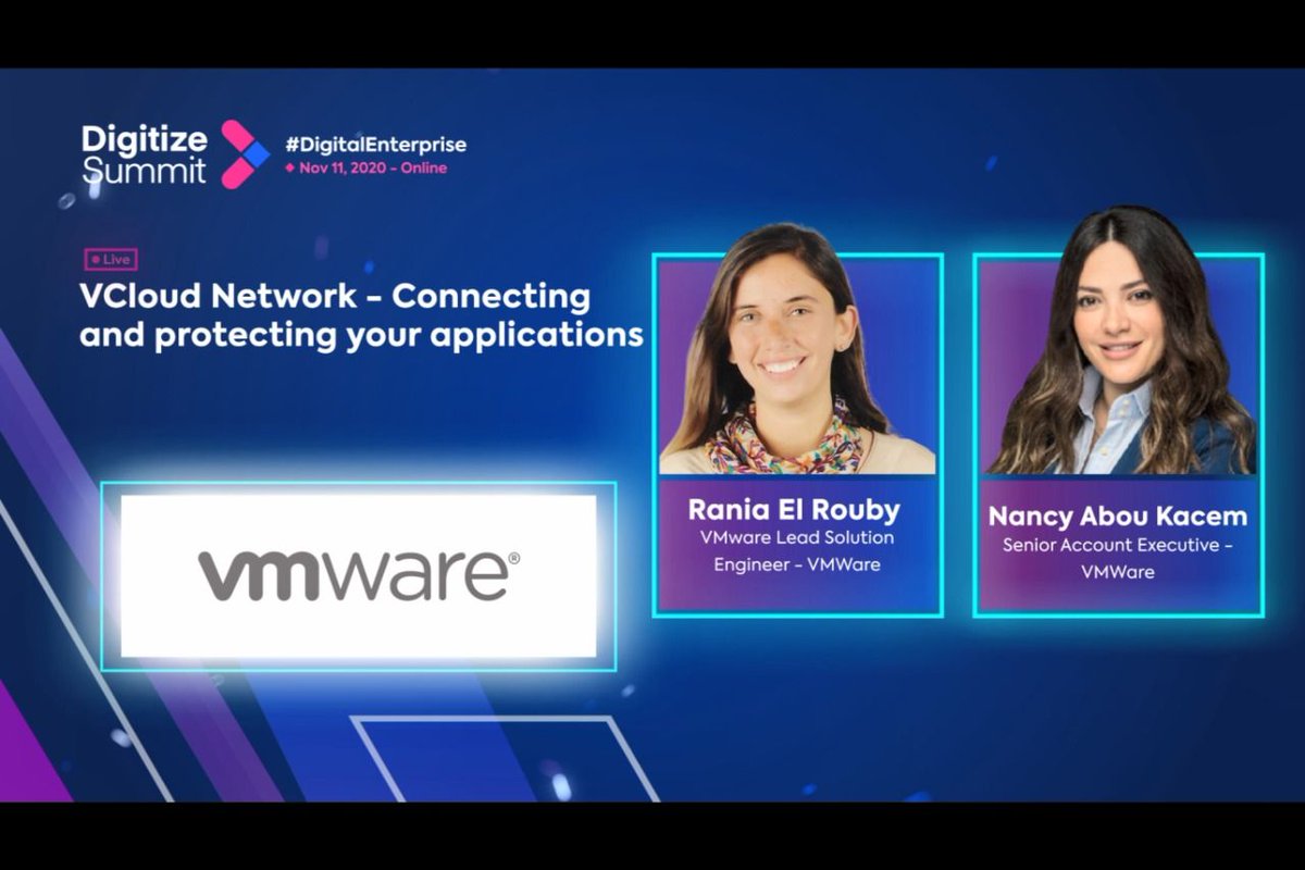 DigitizeSummit's tweet image. ⚡⚡ Rania &amp;amp; Nancy from VMWare Session ⚡⚡

Topic: &quot;VCloud Network - Connecting and protecting your applications&quot;
Speakers: Rania El Rouby, VMware Lead Solution Engineer - VMWare
Nancy Abou Kacem, Senior Account Executive - VMWare

Watch now: buff.ly/32yg43k