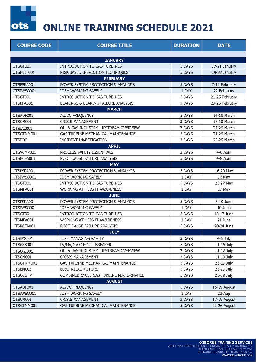 OELGroup's tweet photo. Osborne Engineering Ltd | OEL Group sister company Osborne Training Services (OTS) | OEL Group has published its latest training schedule for 2021. These courses are designed to be delivered online.
#training #engineering #courses #mechanical #certification #safety #testing https://t.co/skSpzNUekz