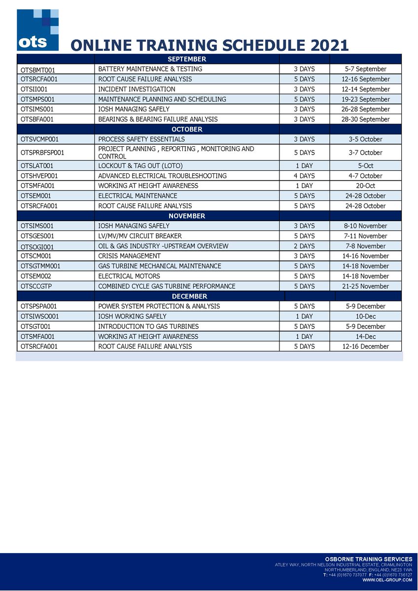 Osborne Engineering Ltd | OEL Group sister company Osborne Training Services (OTS) | OEL Group has published its latest training schedule for 2021. These courses are designed to be delivered online.
#training #engineering #courses #mechanical #certification #safety #testing