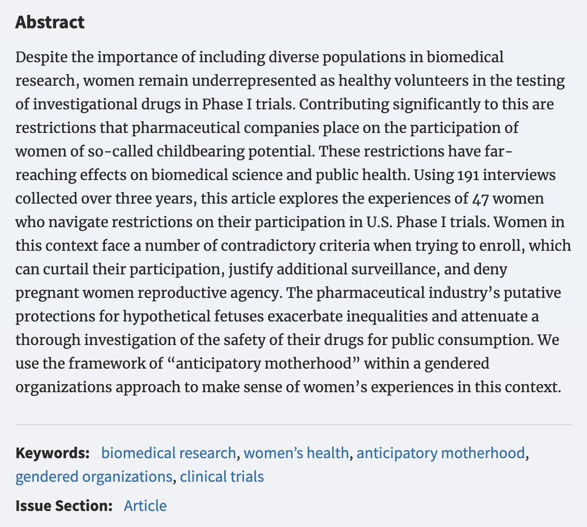 "Gendered Logics of Biomedical Research: Women in U.S. Phase I Clinical Trials" by  @smilelessmeanit and Jill A. Fisher in  @socprobsjournal  https://academic.oup.com/socpro/advance-article/doi/10.1093/socpro/spaa035/5920830
