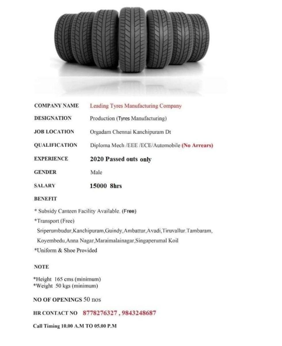 newsjobalert's tweet photo. Production Tyre Manufacturing Company Job - #Chennai : 

#Job #jobsearch #JobAlert #chennai #PrivateJobs https://t.co/FmMhgTL5AX