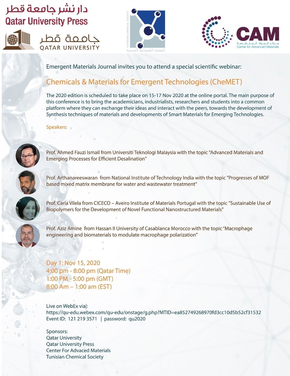 CAM_Qatar's tweet photo. Don't miss out our 3-day #E_Conference #CheMET
"#Chemicals & #Materials for Emerging #Technologies"
Register now at: https://t.co/9Q410q0qtd https://t.co/b82SdLLSIy