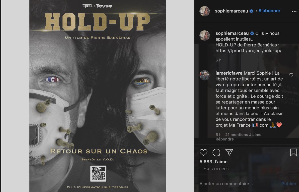 Et voilà que Sophie Marceau propulse le docu conspi sur son compte Instagram. (tx  @FredBenudis)