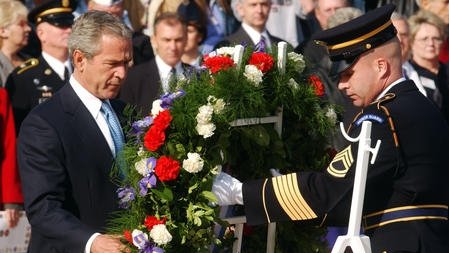 10/ #VeteransDay, 2004: As America fought its two longest wars - simultaneously - President Bush (W) laid a wreath at the Tomb of the Unknowns