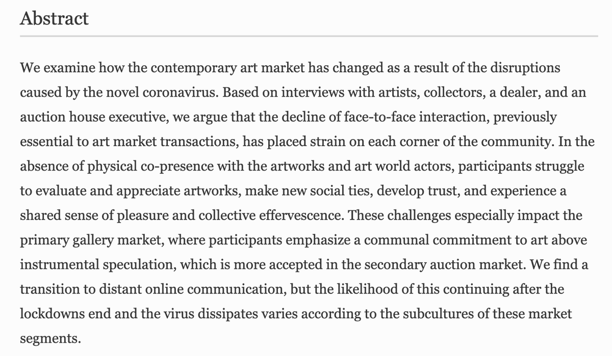 "Art markets in crisis: how personal bonds and market subcultures mediate the effects of COVID-19" by Larissa Buchholz, Gary Alan Fine &  @H_Wohl in  @CulturalSociol  https://link.springer.com/article/10.1057/s41290-020-00119-6