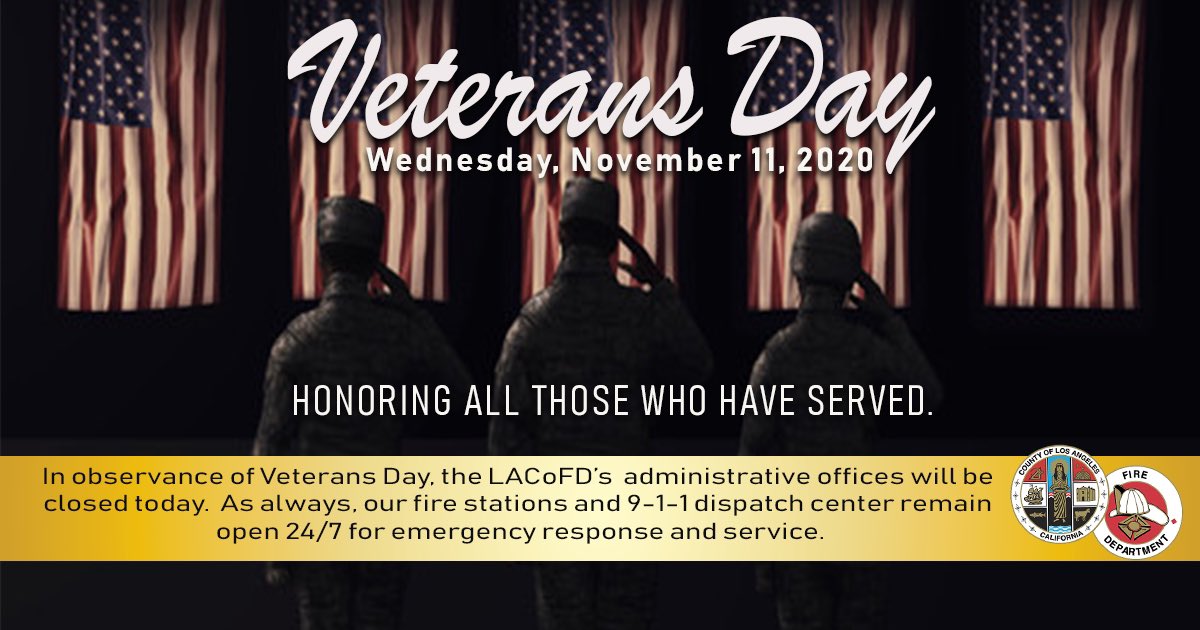 LACOFD's tweet photo. Happy Veterans Day! 🇺🇸

To all veterans, including our very own #LACoFD active-duty &amp; retired members who have served or are currently serving in our Armed Forces, we express our heartfelt gratitude to each of you for your dedication &amp; service to our country &amp; for our freedom. 🇺🇸 https://t.co/LOpUj8tS4g