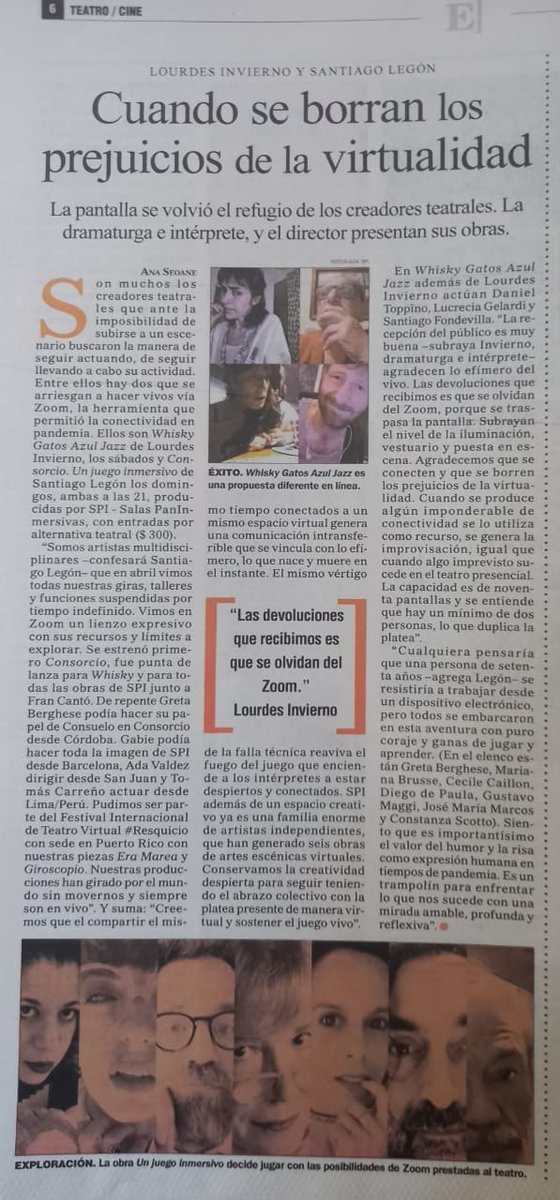 Perfil.com @AnaSeoane  destaca nuestro trabajo en una notaza! Gracias!!
Seguimos con las funciones de #Whiskygatosazuljazz
Dirige <a href="/santilegon/">Santiago Legón</a> 
Sábados 21.00 
#SPI.salaspaninmersivas
Entradas por <a href="/AlternativaEsc/">Alternativa</a>