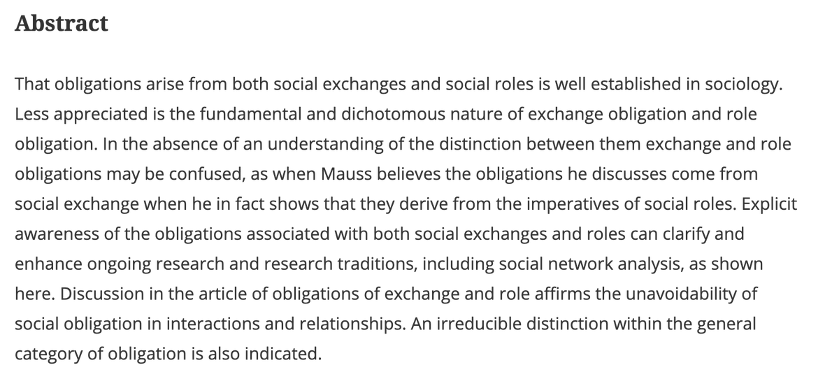 "Bases of social obligation: the distinction between exchange and role and its consequences" by Jack Barbalet in Distinktion: Journal of Social Theory  https://www.tandfonline.com/doi/abs/10.1080/1600910X.2020.1816558?journalCode=rdis20