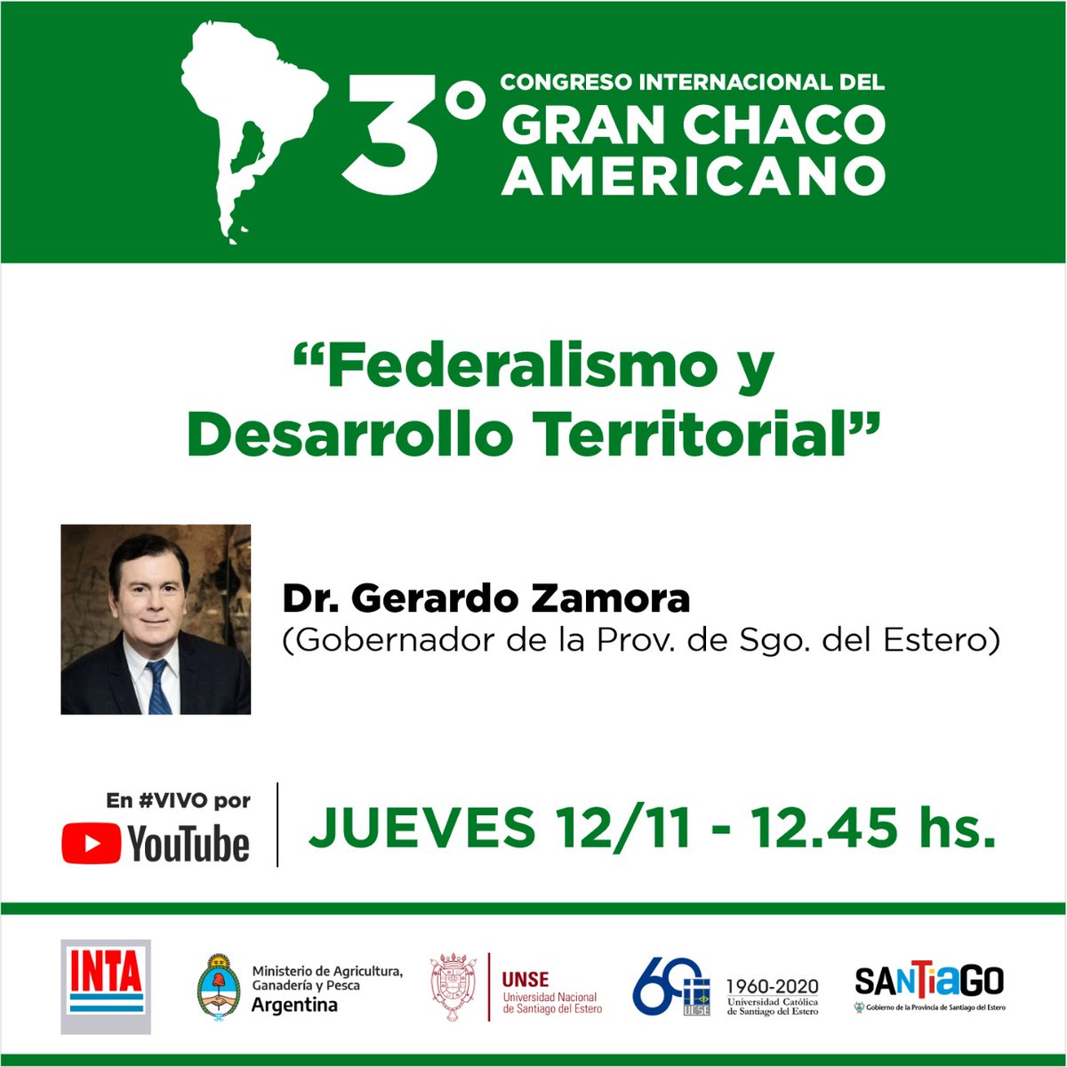 ChacoCongreso's tweet photo. 📣 Presentación: Federalismo y Desarrollo Territorial. 

DR. GERARDO ZAMORA (Gobernador de la provincia de Santiago del Estero).

📌JUEVES 12/11 -12.45HS 

TRANSMISIÓN VIA YOUTUBE

#Congracha2020 #CongrachaVirtual https://t.co/SNwTSeZNaF