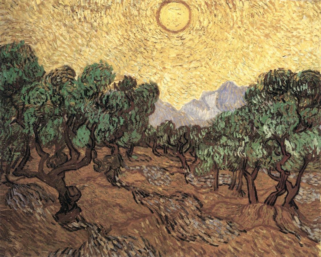 hobiprinciple: movementartwork: olive trees with yellow sky and sun by vincent van gogh, 1889