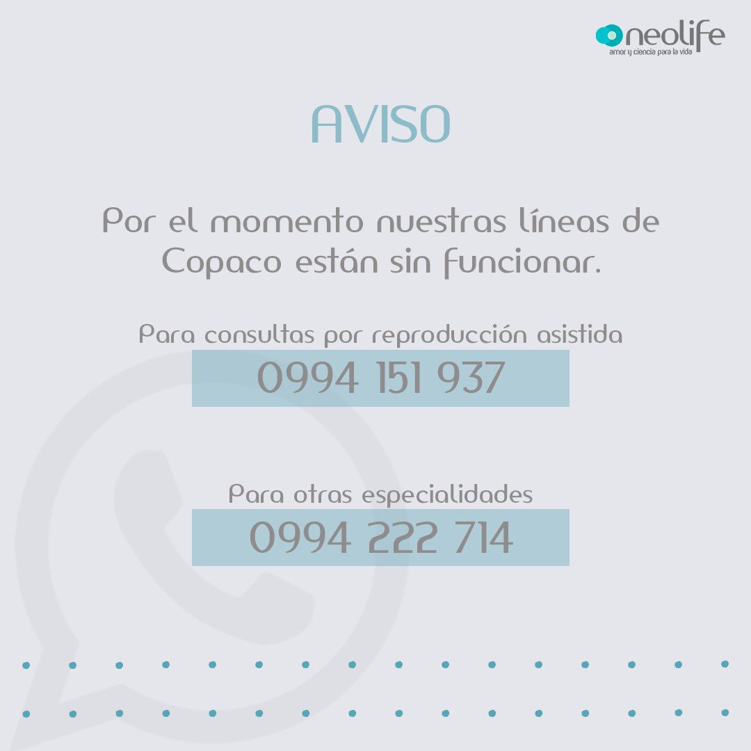 AVISO | Te dejamos nuestros números de Whatsapp.

wa.me/595994151937 Consultas con especialistas de fertilidad.
wa.me/595994222714 Otras especialidades

#AmorYCienciaParaLaVida