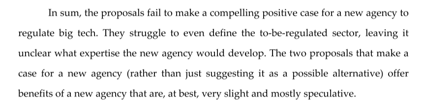 The key potential benefit of a new agency is specialized expertise. But the four proposals struggle to define what exactly a new agency would be expert in. Most admit that defining the sector that this sector-specific agency would govern is very difficult.