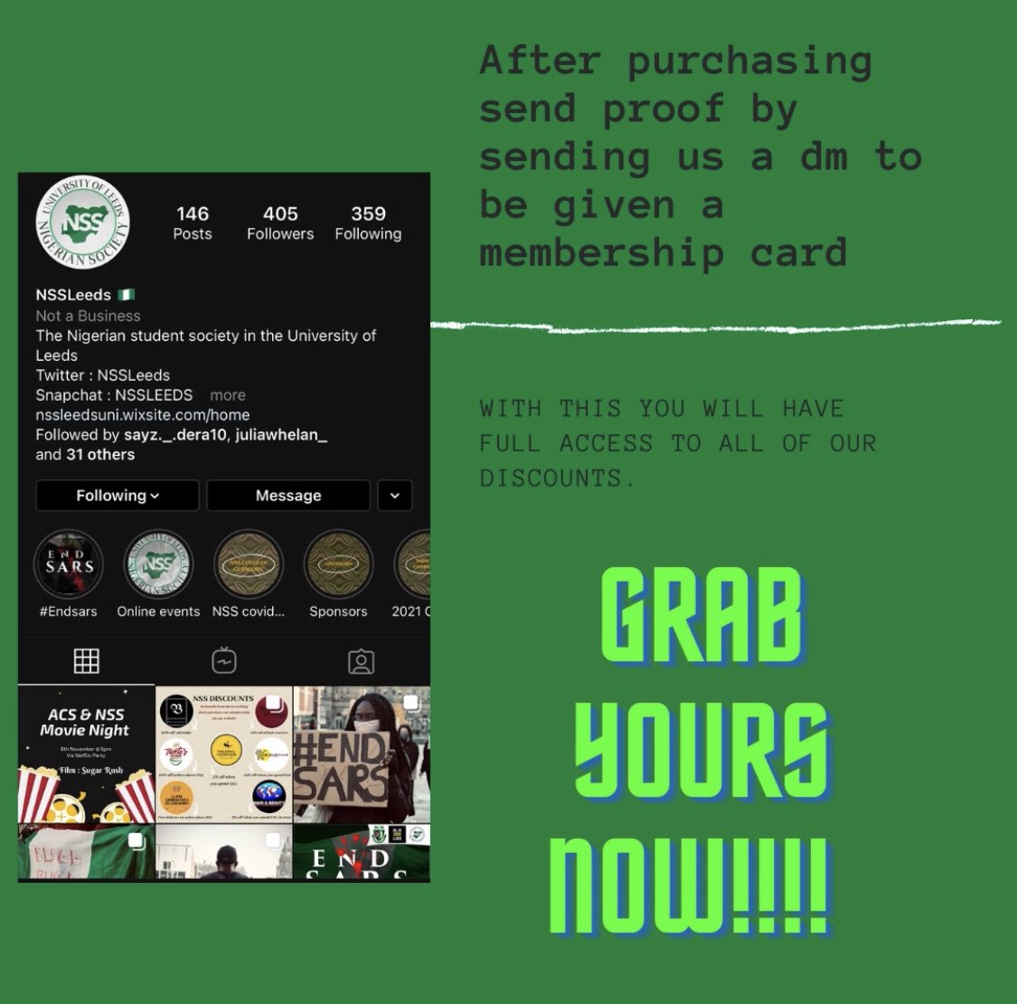 NSSLeeds's tweet photo. It’s that time of the day💃🏾💃🏾. Purchase your NSS memebers hip now and have full access to all our discounts. 🇳🇬 https://t.co/WetxudUrcM