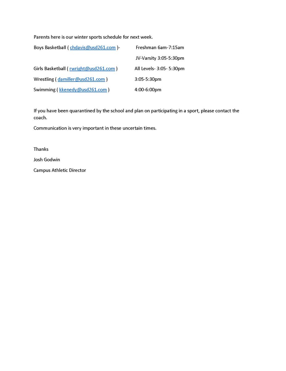 🚧Parents here is our Winter Practice Schedule for next week.  You MUST have a physical and concussion form on file before practicing.  If you have been Quarantined Communication is a MUST!  Contact your COACH and let them know the circumstances.🚨 <a href="/USD261/">USD 261 Haysville</a> <a href="/Channel060/">Channel 060</a>