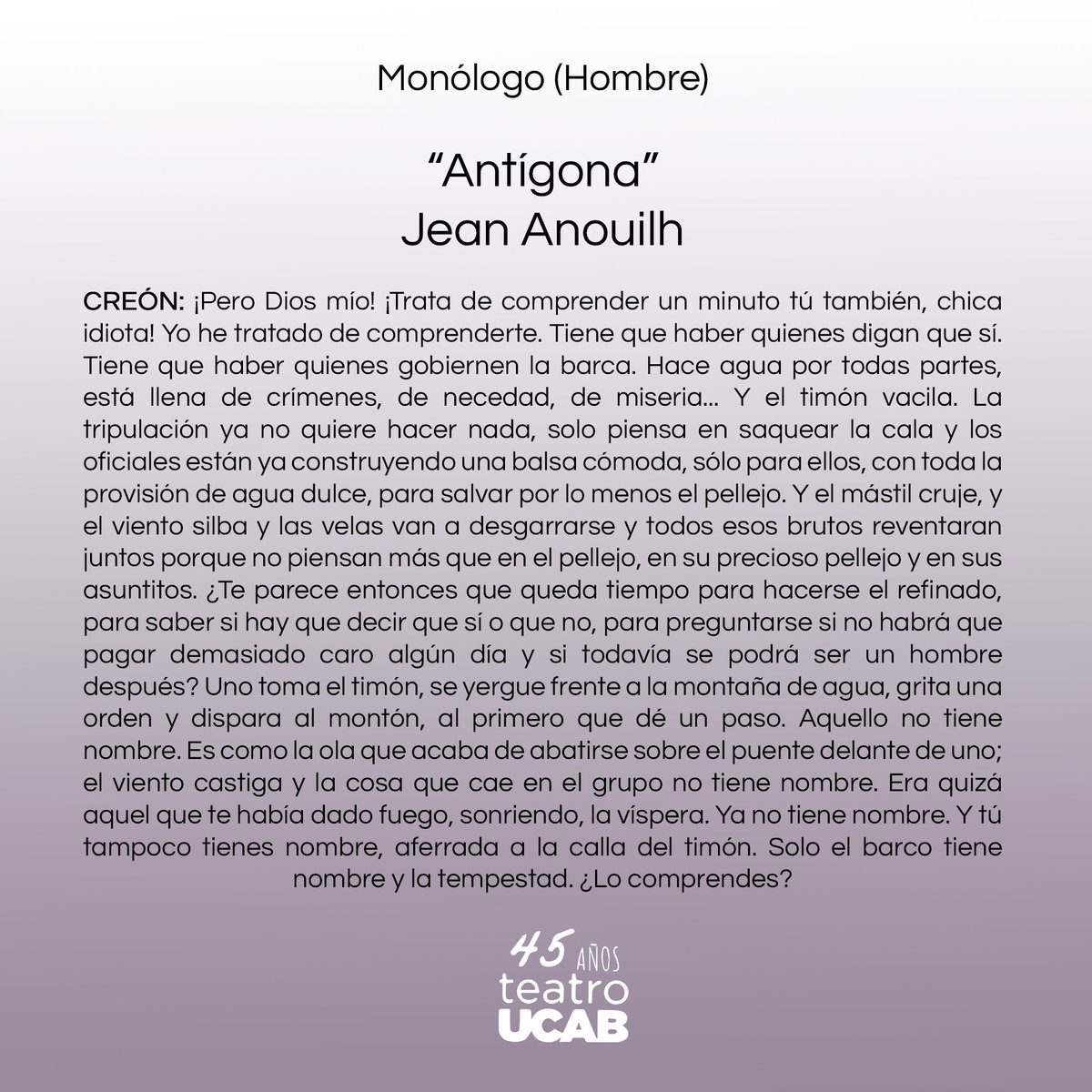 TeatroUCAB's tweet photo. 🎭 Monólogos de nuestras audiciones 20-21 🎭

«El día que me quieras» de José Ignacio Cabrujas y «Antígona» de Jean Anouilh https://t.co/9gPHTmAL80
