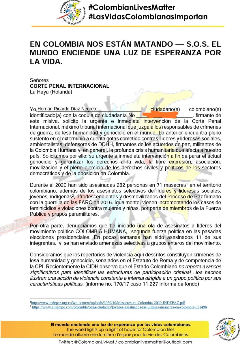 PincheRichy's tweet photo. @ColombianLivMat @IntlCrimCourt Hecho hay que ayudar 🙏🏽 ya lo envíe al correo como lo indicaron, se envía a alguien más ??? https://t.co/k9aJZ8SCTz