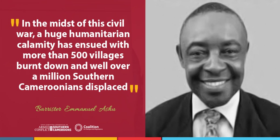 CoalitionFDN's tweet photo. "In the midst of this civil war, a huge humanitarian calamity has ensued with more than 500 villages burnt down and well over a million Southern Cameroonians displaced”-Barrister Emmanuel Ashu
#SCameroonsConference
#EndAnglophoneCrisis https://t.co/bWcgCW91lP