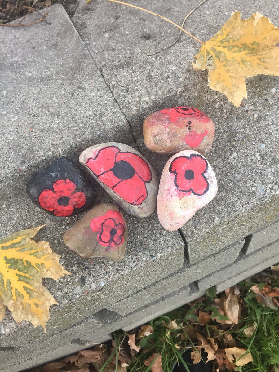 RimaHamilton's tweet photo. @CollBayLDSB we honoured Remembrance Day with a virtual school assembly. Our class also created poppy rocks which are on display at City Hall for today’s ceremony. https://t.co/MuvT4YsCwc