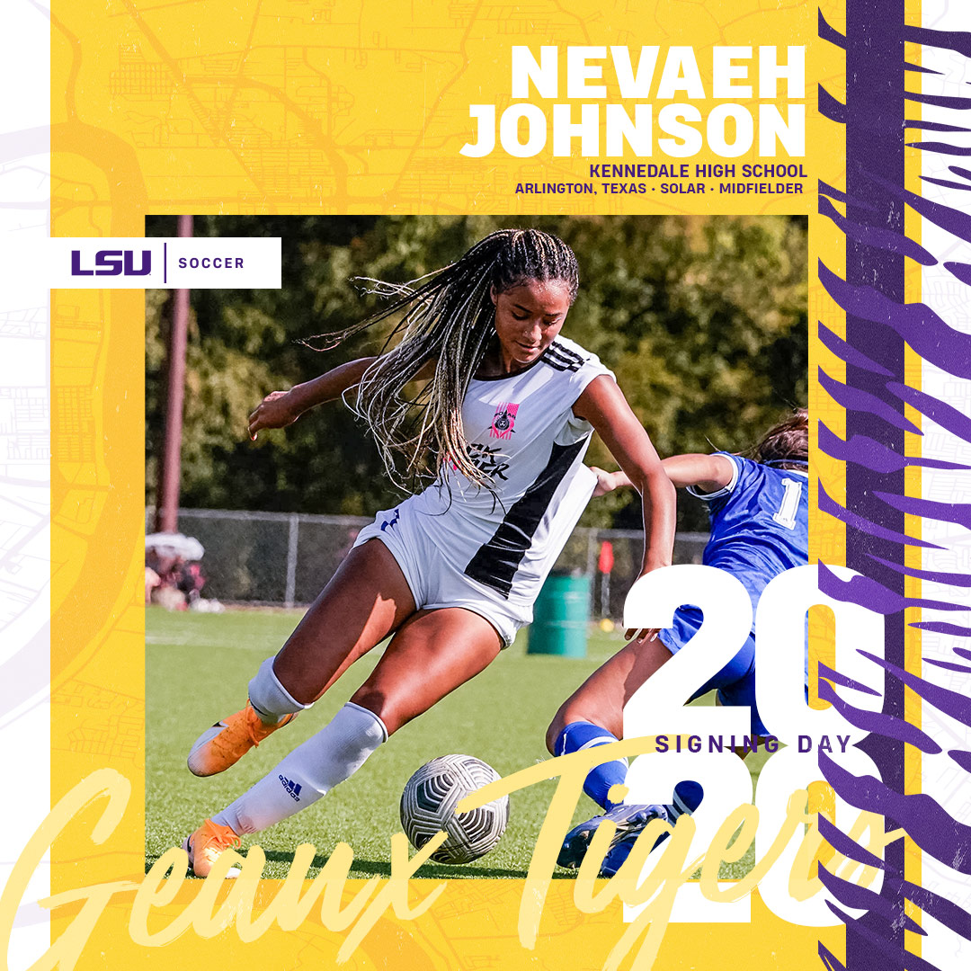 Welcome, Nevaeh Johnson!

▪️ Midfielder
▪️ Arlington, Texas
▪️ Kennedale HS
▪️ Solar

#GeauxTigers