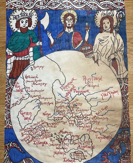 SandyBardsley's tweet photo. Students @moraviancollege did a "Material Middle Ages" project in which reconstructing an aspect of mdvl life, albeit w anachronisms #HandsonHistory. Bard made a Mappa Mundi focused on N Europe &amp; replete w symbolism. Ava created verdigris, a paint pigment, by oxidizing copper. https://t.co/49KGd7uKf4