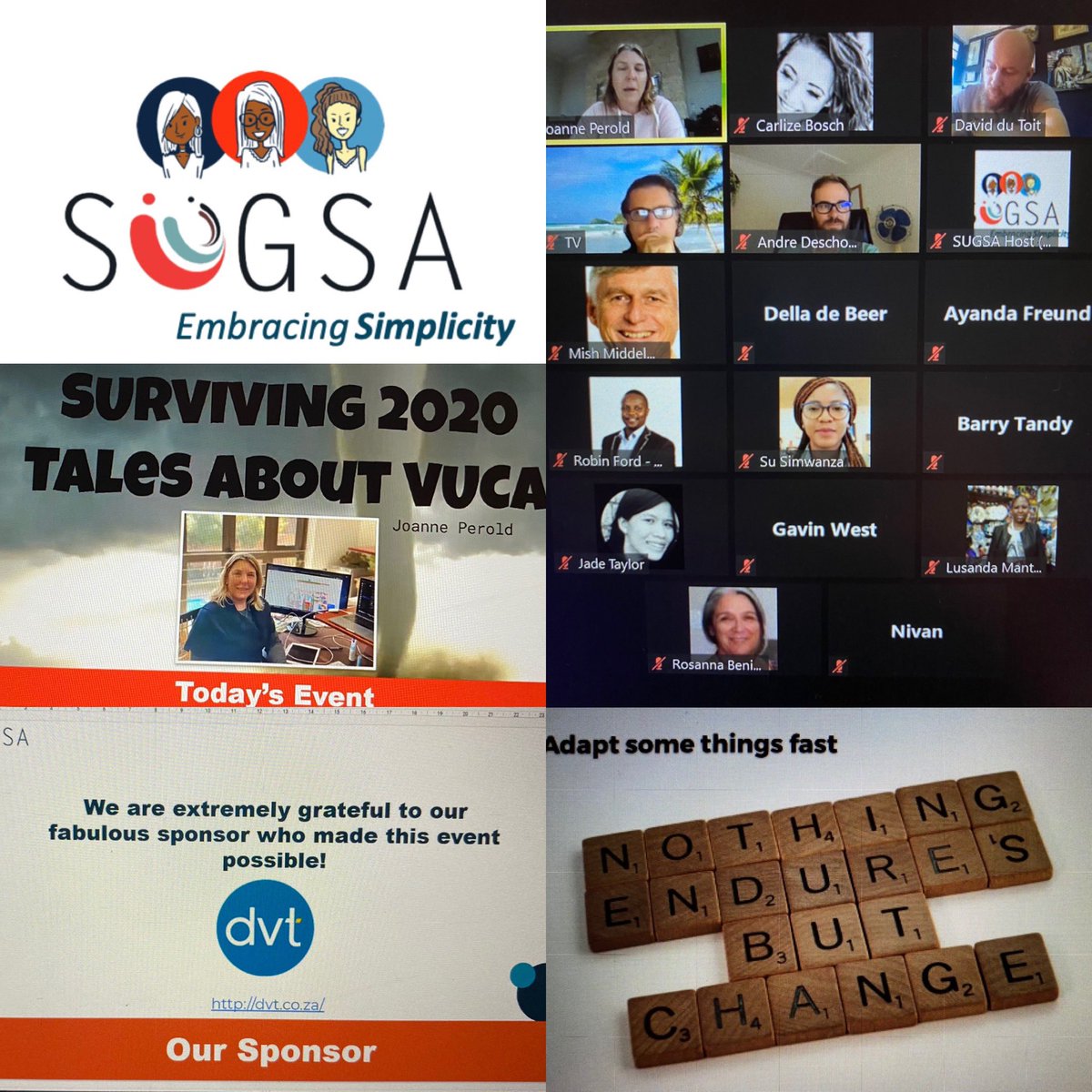 BoschCarlize's tweet photo. @SUGSA online event - Surviving 2020🤪
Great to be part of this awesome community, skilled experts and passionate influencers making a difference! #DVT 
#embracingsimplicy https://t.co/GghFrdCdhg