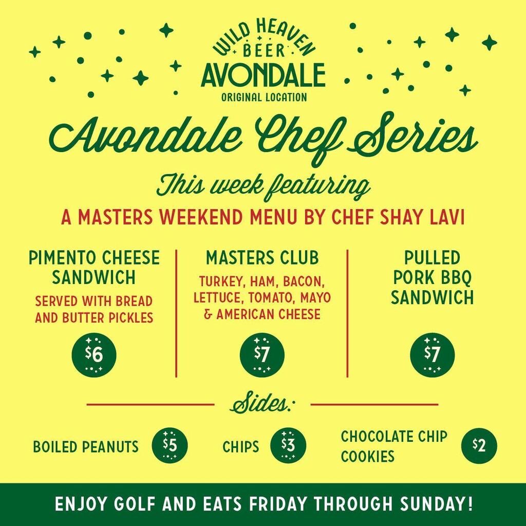 BeerWildHeaven's tweet photo. Here’s something to look ‘fore’ward to! Master your hunger at Avondale this weekend with Chef Shay Lavi &amp; his Masters Weekend Menu! ⛳️
#mastersweekend #atlpopup #avondaleestates #atlfoodies #serveyourneighbor #atlantapopup https://t.co/jtQb30qps5