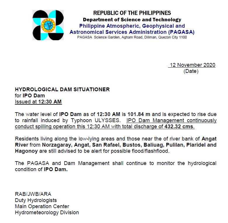 dost_pagasa's tweet photo. IPO DAM Situationer as of 12:30 AM, 12 November 2020

#FloodPH https://t.co/9uep9GDIIb