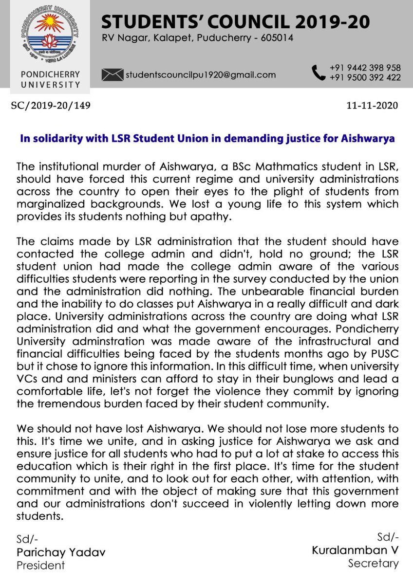 SC_PondiUni's tweet photo. #JusticeForAishwarya - the same institutions that were once built to ensure education for all are now stifling young minds who believed in them. 

We demand justice for her, and for all those students who struggle under the burden of funding their education. https://t.co/CSZVmSUjH9