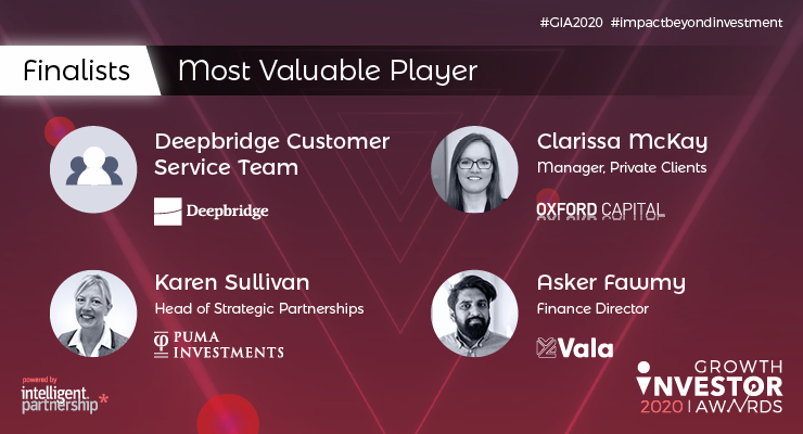Best of luck to this year MVP candidates! <a href="/DeepbridgeCap/">Deepbridge Capital</a> Customer Service Team, <a href="/Oxford_Capital/">Oxford Capital</a> Clarissa McKay, <a href="/PumaInvestments/">Puma Investments</a> Karen Sullivan and <a href="/vala_capital/">Vala Capital</a> Asker Fawmy 🏆👏🏆 #GIAwards2020 #impactbeyondinvestment #SME