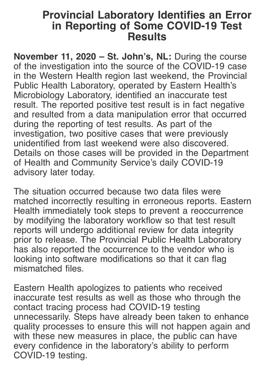 PeterCBC's tweet photo. The case of COVID-19 on the west coast with an unknown source was actually a lab error 

“resulted from a data manipulation error that occurred during the reporting of test results”. 

Also turns out they overlooked 2 actual positive tests from last weekend #covid19nfld https://t.co/69ahYIs8ca