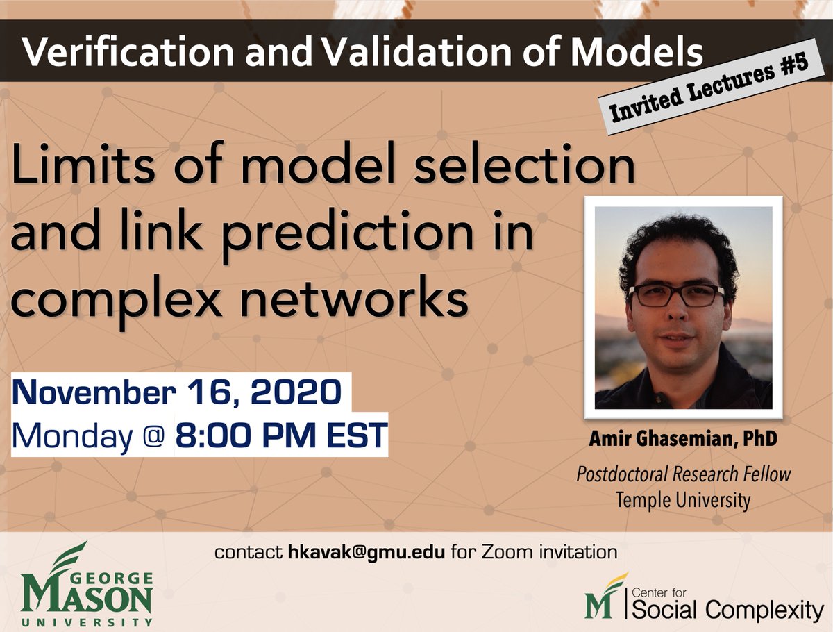 Interested in community detection and link prediction algorithm in complex networks? Don't miss the talk from Dr. Amir Ghasemian on Monday (11/16) at 8 PM EST. Details: hamdikavak.com/teaching/2020/… @Amir_Ghasemian is a former member of @aaronclauset's lab