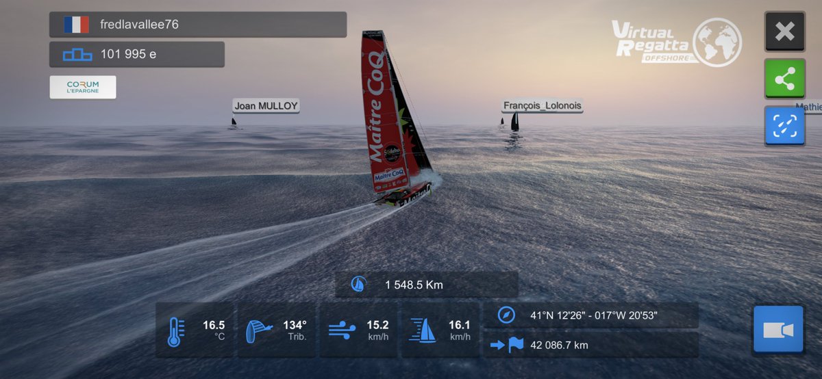 Je participe au <a href="/VendeeGlobe/">Vendée Globe</a> à ma façon avec <a href="/VirtualRegatta/">Virtual Regatta</a> 👍
Suivez moi sous le pseudo fredlavallee76. Nous sommes plus de 650 000 participants !