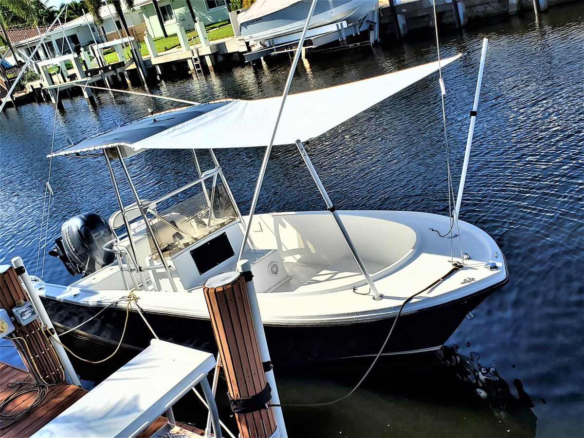 Fwd Shade built with Snow White Light weight Stamoid and 2 white carbon fiber poles for a Mako. Perfect for a ride on a sunny day on board!