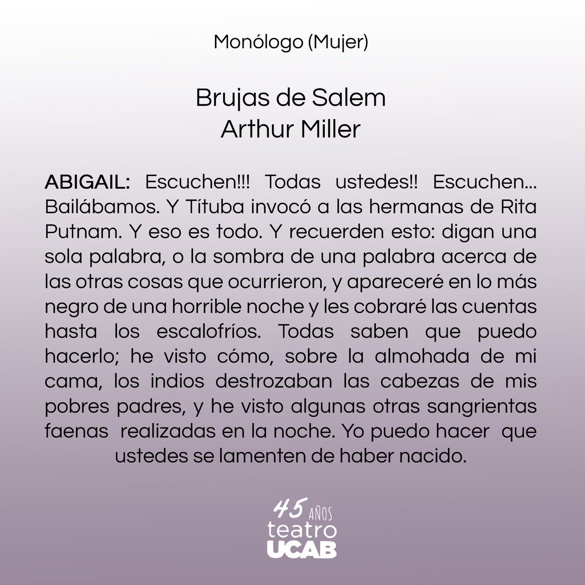 TeatroUCAB's tweet photo. «Pim Pam Pum» de Eugene Ionesco, «La casa de Bernarda Alba» de Federico García Lorca y «Brujas de Salem» de Arthur Miller https://t.co/nKgcBVrxti