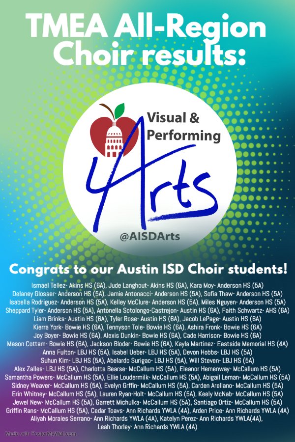 AISDArts (@aisdarts) on Twitter photo Every year students from across Tx compete in the <a href="/TMEA/">TMEA</a> All-State Choir process with the goal of making the Tx All-State Choir.  This years All-Region Choir auditions were held virtually. <a href="/AustinISD/">Austin ISD</a> had 77 students audition representing 8 HS. 51 students were selected to advance. Every year students from across Tx compete in the <a href="/TMEA/">TMEA</a> All-State Choir process with the goal of making the Tx All-State Choir.  This years All-Region Choir auditions were held virtually. <a href="/AustinISD/">Austin ISD</a> had 77 students audition representing 8 HS. 51 students were selected to advance.